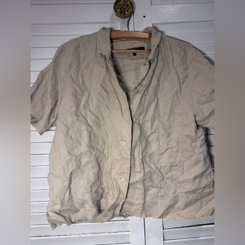 Quince 100% Linen Short Sleeve Button Up Shirt Beige Women’s Medium